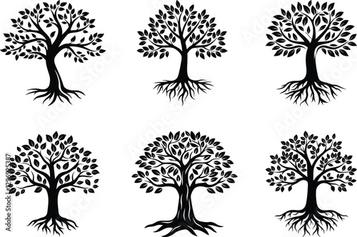 A stylized tree with leaves and roots silhouette vector illustration set, A tree with leaves and roots vector icon design