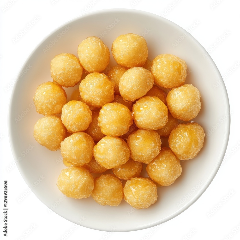 Photorealistic topdown view of honeycoated Struffoli on white Photorealistic topdown view of honeycoated Struffoli on white