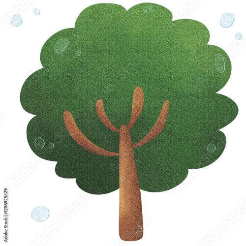 hand drawn watercolor on paper texture of green tree set
