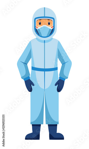 Healthcare worker wearing full personal protective equipment (PPE) including face shield, mask, gloves, and gown, isolated on white background.

