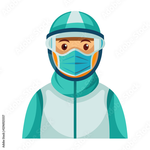 Healthcare worker wearing full personal protective equipment (PPE) including face shield, mask, gloves, and gown, isolated on white background.
