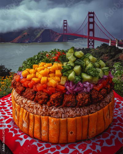 Vibrant Culinary Art: Layered Rice Cake with Fresh Vegetables and Meat in Front of Iconic Golden Gate Bridge in Scenic San Francisco, Food Photography