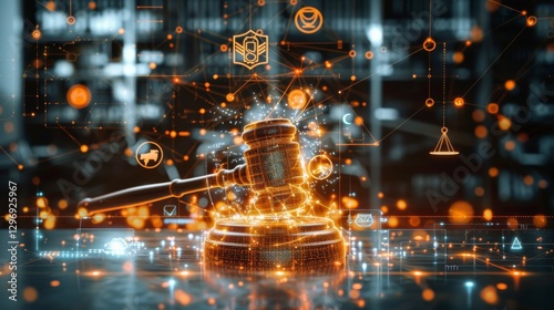 Digital gavel symbolizing justice and technology.