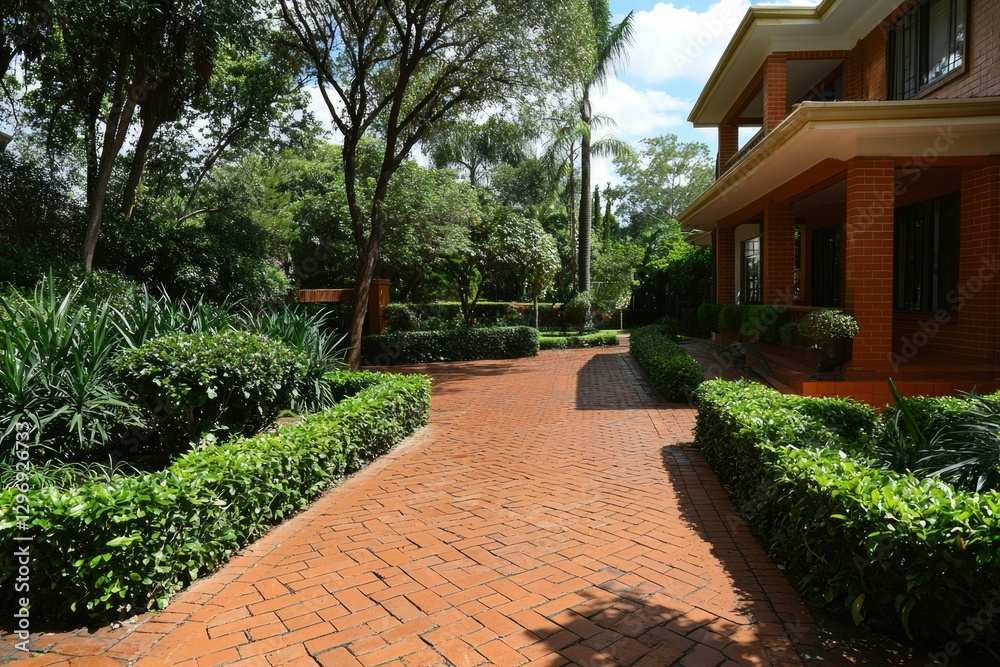 Fototapeta premium Brick pathway to house with manicured garden and trees in residential background