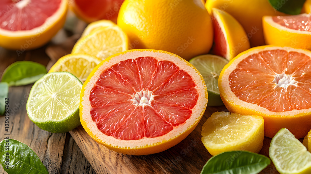 Fototapeta premium variety of fresh citrus fruits including oranges, lemons, limes, and grapefruit are displayed on wooden surface, showcasing their vibrant colors and juicy textures