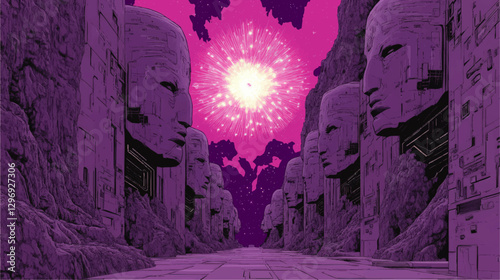 Futuristic Sci-Fi Vector Image with Ancient Stone Face Structures and Cosmic Explosion in Purple Starry Sky - Digital Art Illustrating Mystical Monumental Realm