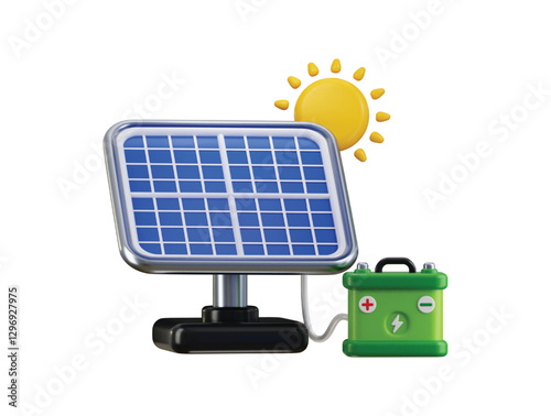 Solar panel system icon 3d render concept of climate friendly renewable energy solar panel with battery and sun icon 3d render