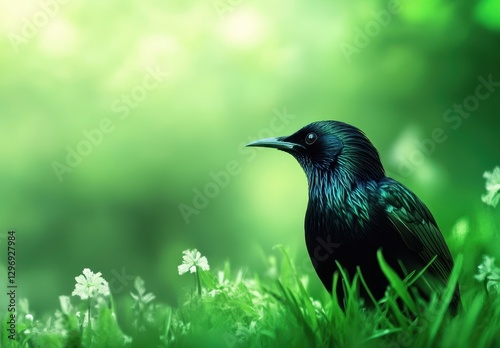 Majestic black bird perched among delicate white flowers in a lush green meadow, showcasing vibrant plumage and tranquil natural surroundings