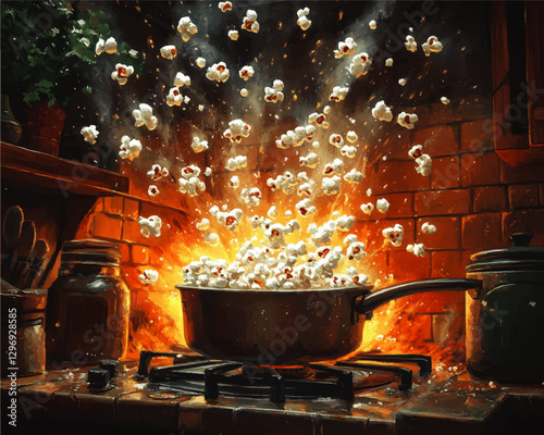 Explosive Popcorn Cooking Vector Illustration: Artful Kitchen Scene with Popcorn Explosion, Saucepans, and Brick Kitchen Backdrop for Culinary Enthusiasts