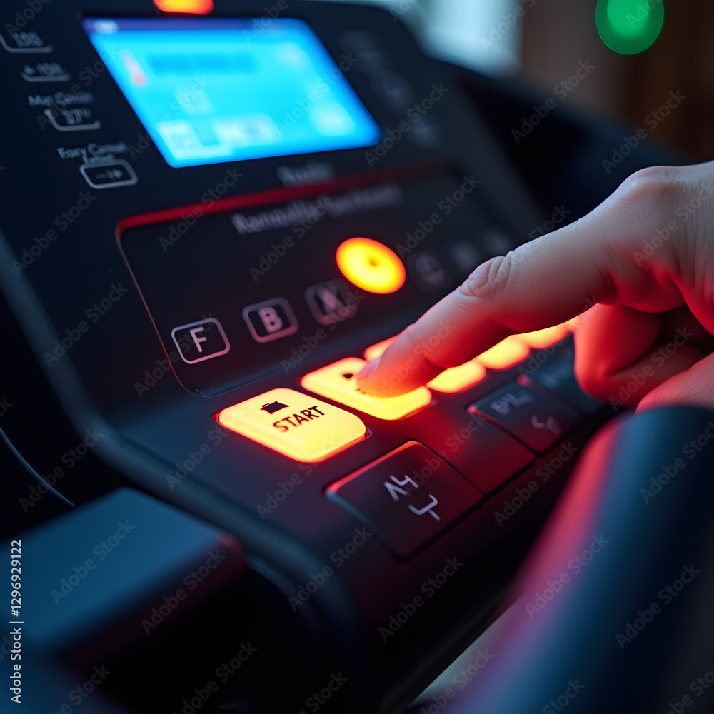 Obraz premium A close-up of a treadmill dashboard with glowing buttons in low gym lighting and a runner's finger poised to press the start button