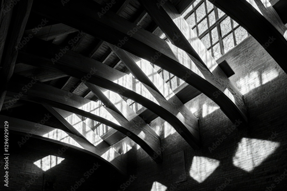 Naklejka premium Interior architecture Light streaming through rafters and brick walls, creating patterns