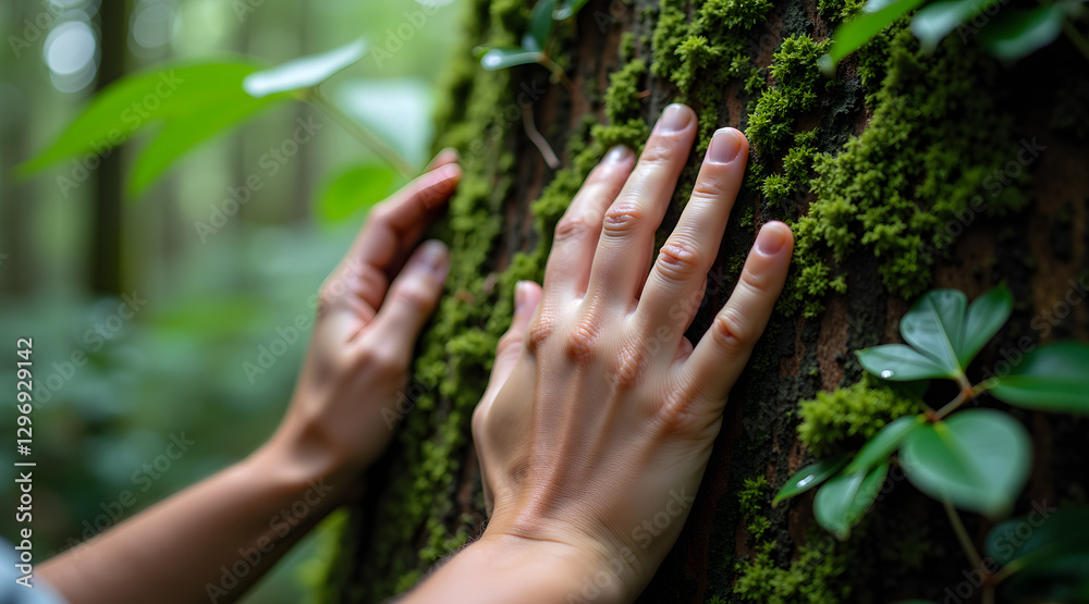 A close-up of hands gently touching moss-covered tree bark in a dense rainforest, with tiny water droplets glistening on surrounding leaves, showcasing the ecosystem's freshness A close-up of hands gently touching moss-covered tree bark in a dense rainforest, with tiny water droplets glistening on surrounding leaves, showcasing the ecosystem's freshness
