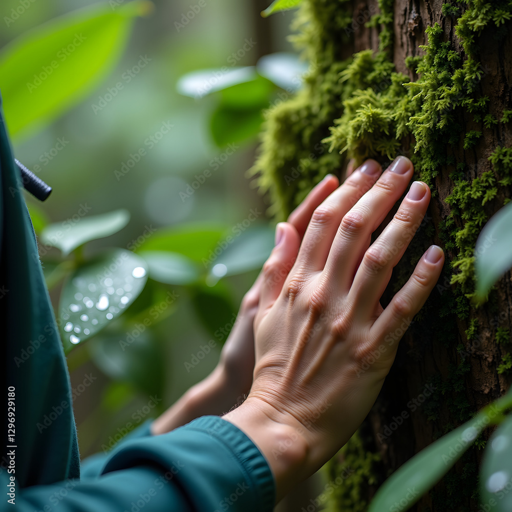 A close-up of a hiker's hands gently touching the moss-covered bark of a tree in a lush rainforest, with tiny water droplets glistening on surrounding leaves