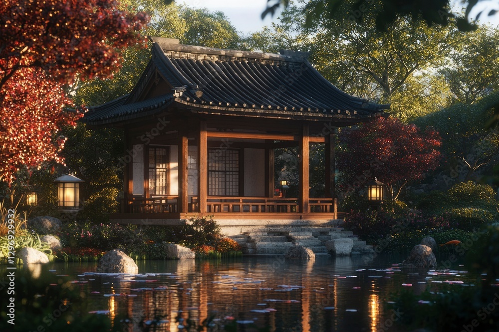 Peaceful oriental pavilion reflecting in pond amid serene gardens, tourism use Peaceful oriental pavilion reflecting in pond amid serene gardens, tourism use