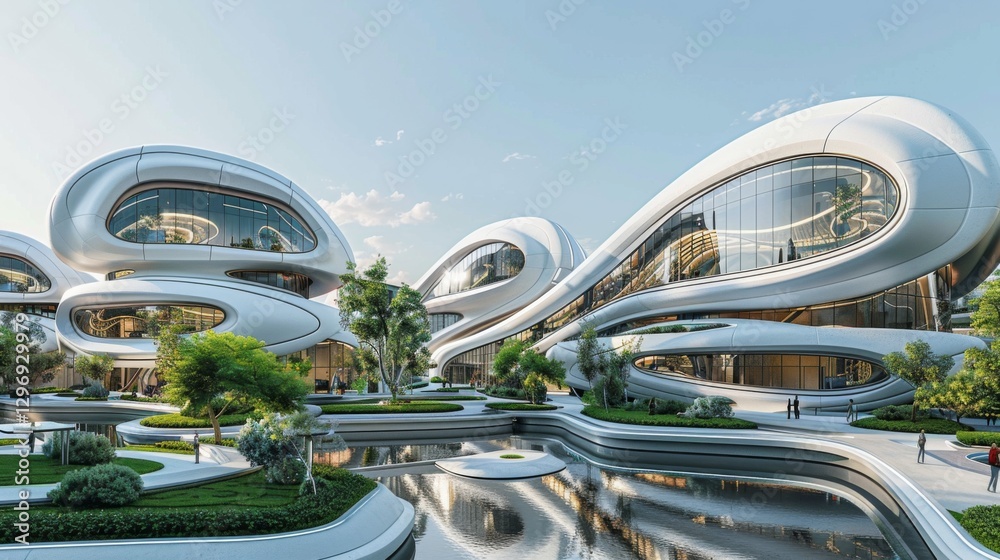 Obraz premium Futuristic architecture with nature integration.