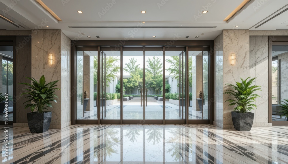 Fototapeta premium Elegant lobby entrance with glass doors and lush greenery modern hotel interior design urban oasis perspective