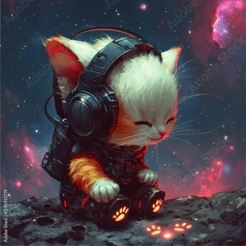 Adorable Space Cat in Futuristic Suit with Glowing Paws and Headphones on Cosmic Adventure - Perfect for Science Fiction and Space Travel Enthusiasts