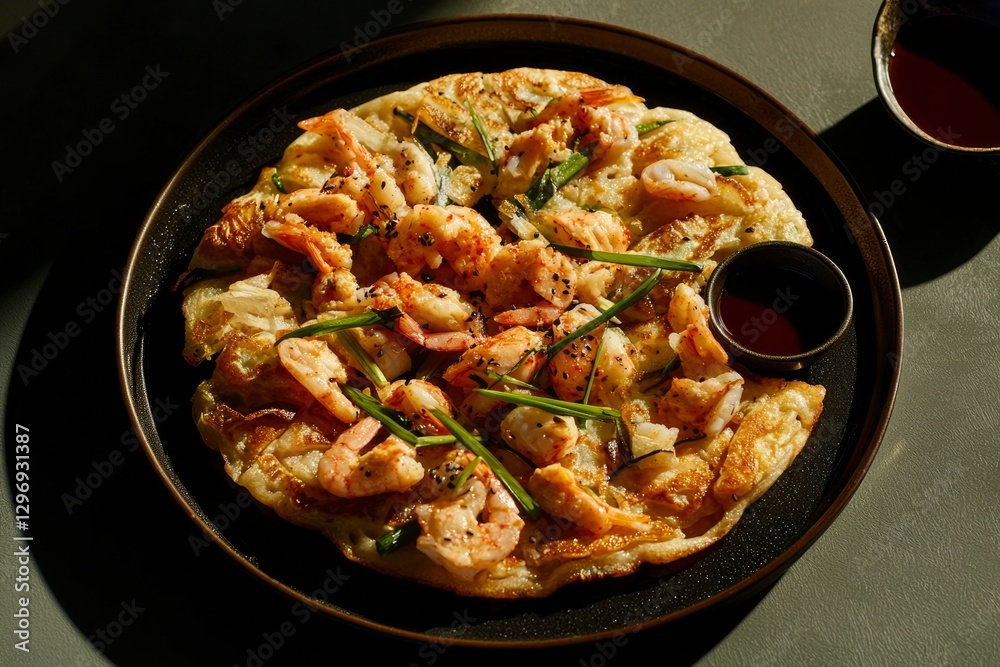 Shrimp pancake with dipping sauce in dark plate. Asian cuisine for appetizer Shrimp pancake with dipping sauce in dark plate. Asian cuisine for appetizer