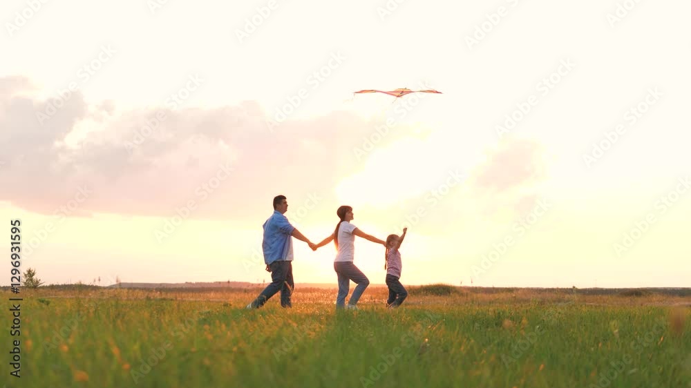 Cute little girl with flying kite mother father holding hands walking at sunset field together. Happy family parents and daughter outdoor playing flight toy entertainment having fun at nature meadow Cute little girl with flying kite mother father holding hands walking at sunset field together. Happy family parents and daughter outdoor playing flight toy entertainment having fun at nature meadow