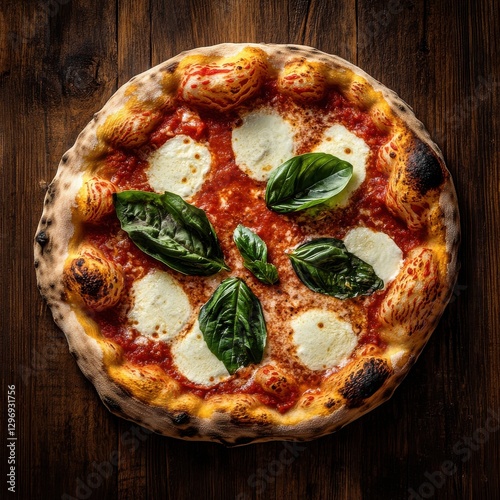 Freshly baked Pizza Margherita on rustic wooden table in natural light