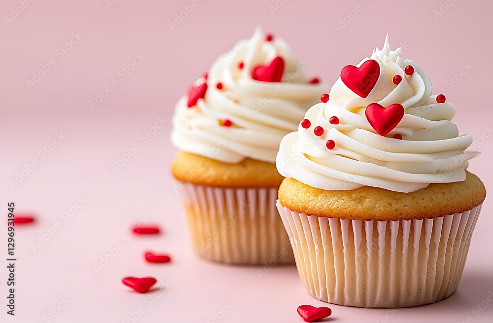 there are two cupcakes with white frosting and red hearts on them there are two cupcakes with white frosting and red hearts on them