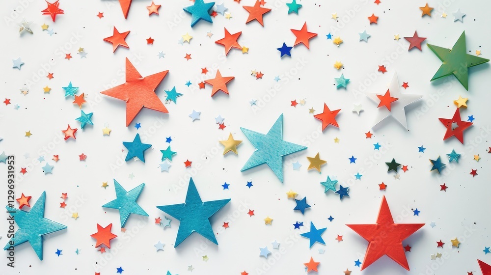 Obraz premium Minimalist image featuring stars of various sizes and colors on white background