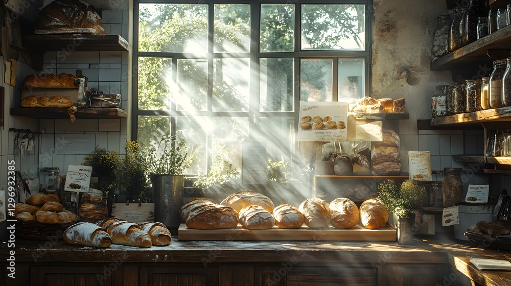 Rustic Bakery Display with Freshly Baked Bread and Sunlight – Generative AI Rustic Bakery Display with Freshly Baked Bread and Sunlight – Generative AI