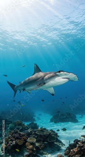 Majestic Hammerhead Shark Gracefully Navigating a Vibrant Coral Reef