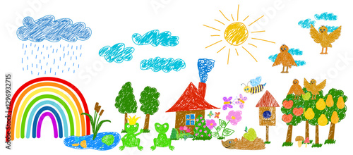 Whimsical doodle of a countryside landscape with animals, trees, flowers, a rainbow, and a cozy house under a sunny sky.