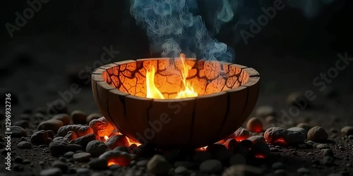 burning incense in a fireplace. fire in a bowl made of wood