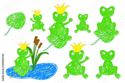 Playful doodle-style illustration of frogs, including a crowned frog prince, sitting on lily pads and pond with reed in a whimsical design.
