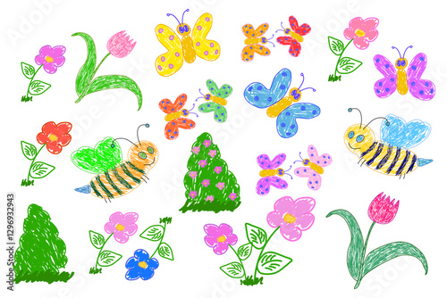 Colorful doodle-style illustration of butterflies, bees, flowers, and green plants in a playful and whimsical design.