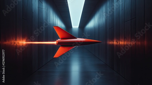 A fiery red arrow shooting forward, breaking through invisible walls in a futuristic setting.