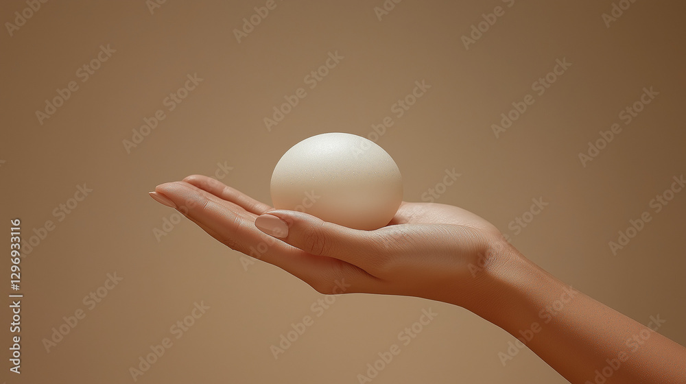 Holding a smooth white orb with a natural skin tone hand in soft, neutral ambient lighting during a calm moment Holding a smooth white orb with a natural skin tone hand in soft, neutral ambient lighting during a calm moment