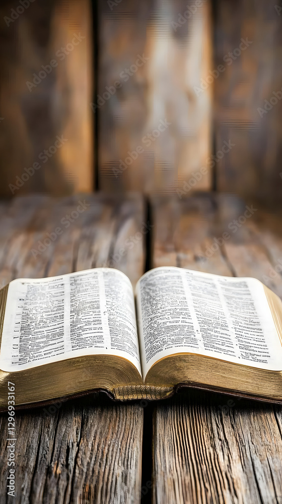 Fototapeta premium An open Bible on an old wooden table 