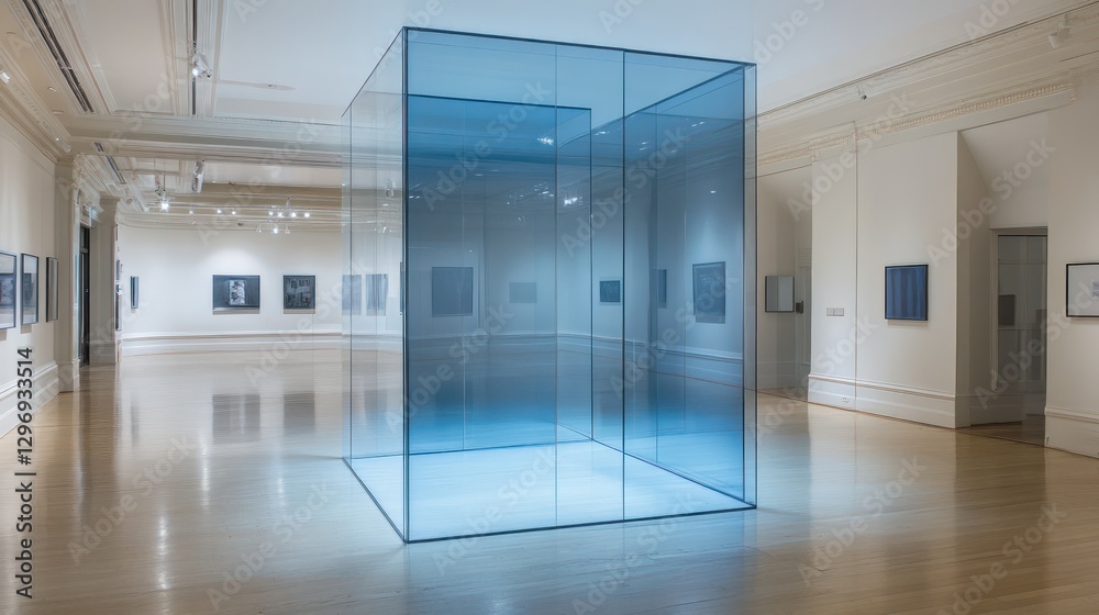 A large blue glass cube installed in a spacious art gallery A large blue glass cube installed in a spacious art gallery