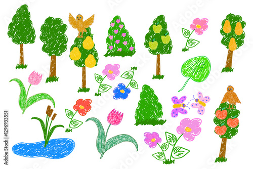 Whimsical doodle of trees, flowers, birds, butterflies, and a small pond, creating a vibrant nature-themed illustration.
