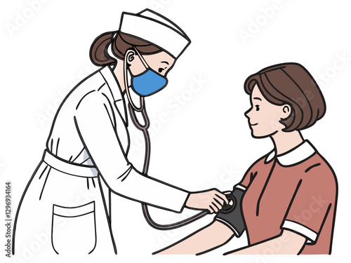 A nurse using a sphygmomanometer to check a patient's blood pressure, isolated on white background.
