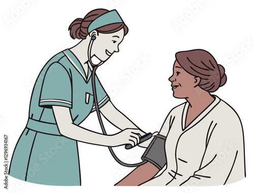 A nurse using a sphygmomanometer to check a patient's blood pressure, isolated on white background.
