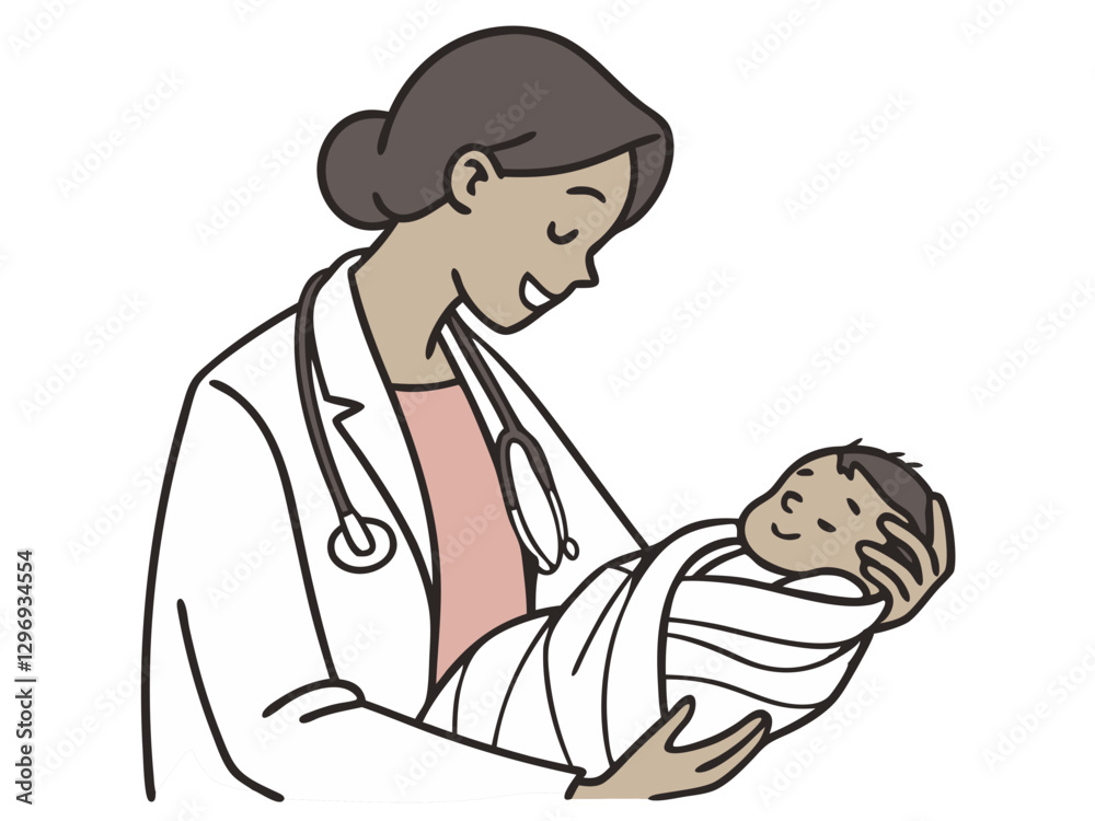 An obstetrician holding a newborn baby wrapped in a blanket, smiling, isolated on white background.
An obstetrician holding a newborn baby wrapped in a blanket, smiling, isolated on white background.