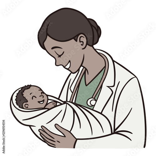 An obstetrician holding a newborn baby wrapped in a blanket, smiling, isolated on white background.
