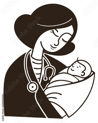 An obstetrician holding a newborn baby wrapped in a blanket, smiling, isolated on white background.
