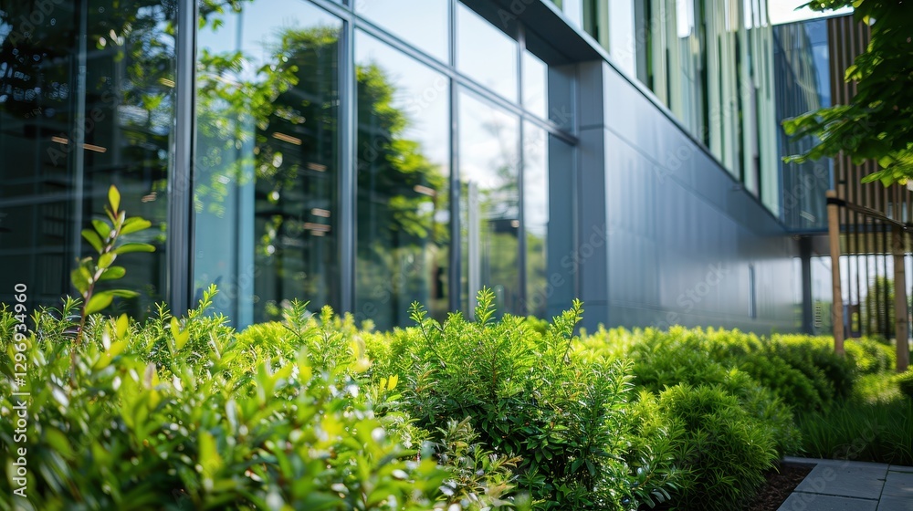 Fototapeta premium Office landscape with lush green plantings in foreground.