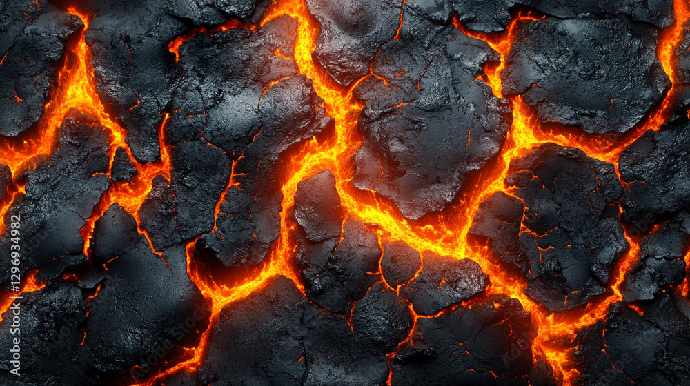 Aerial view of rocky terrain with lava flowing from a central crater, creating a surreal landscape. Cracked earth and vibrant orange-red lava streams form stunning textures and patterns Aerial view of rocky terrain with lava flowing from a central crater, creating a surreal landscape. Cracked earth and vibrant orange-red lava streams form stunning textures and patterns