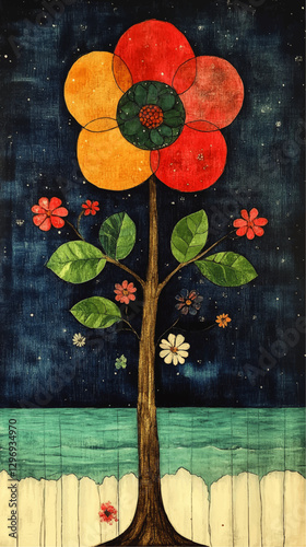 Colorful Abstract Tree Illustration with Large Vibrant Flower Against Starry Night Sky and Ocean Background - Whimsical Art for Nature and Fantasy Lovers