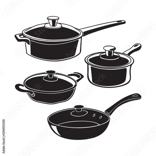 set vector various Kitchen saucepan silhouettes