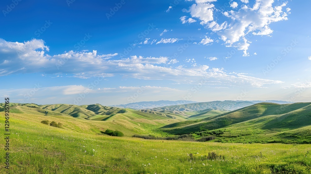 Beautiful panoramic view of lush green hills under a wide blue sky. Beautiful panoramic view of lush green hills under a wide blue sky.