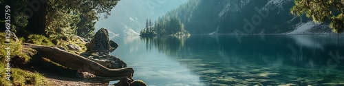A serene lake with a mountain backdrop and a clear area for text 