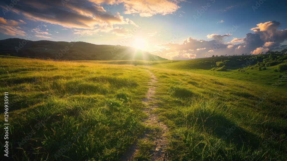 Fototapeta premium Scenic Path through Lush Green Meadow Towards Sunlight