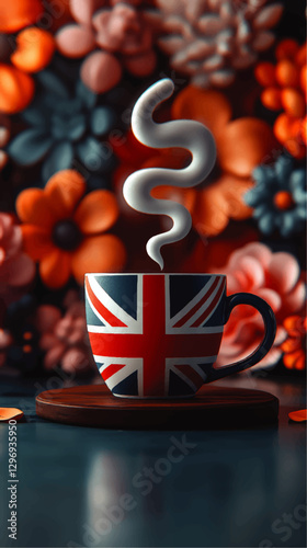 Vibrant Vector Image of British Themed Teacup with Union Jack Design, Surrounded by Colorful Blossoming Flowers and Steam, Capturing English Tea Culture Aesthetics